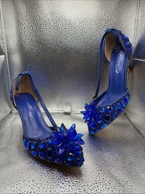Crystal-Embellished Royal Blue Pointed-Toe Heels